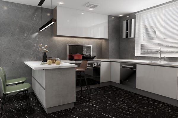 Self adhesive vinyl tile installed in a modern kitchen