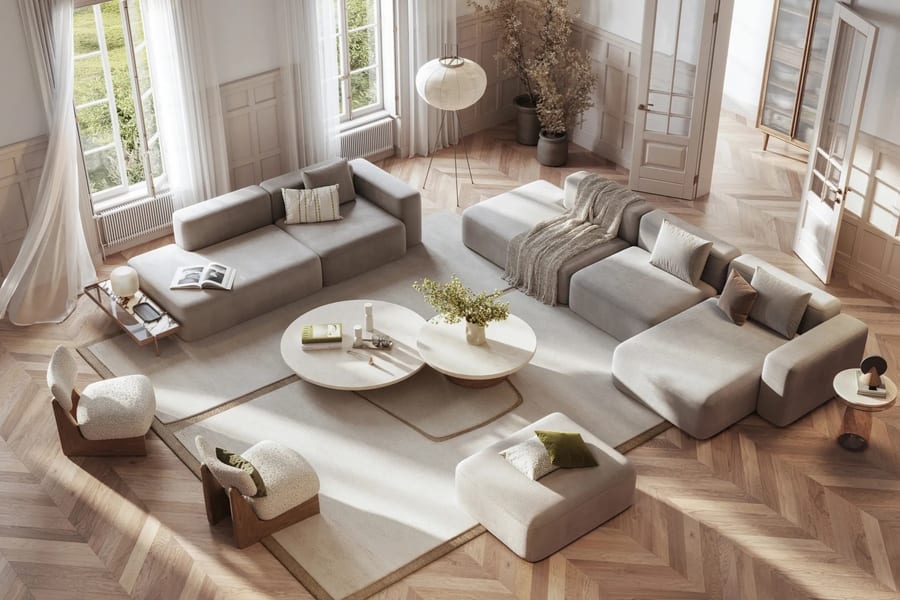 Herringbone vinyl flooring in a modern residential lounge